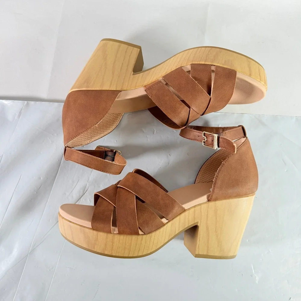 Dr. Scholl's Blissful Platform Heeled Sandal Brown Faux Leather Womens 9.5M